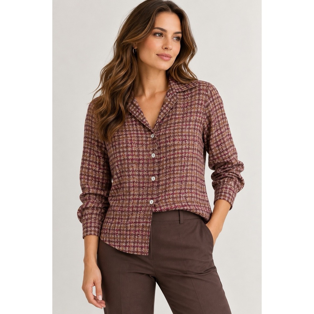 Zanella Made in Italy Wool Blouse 10 Burgundy Plaid Button Front Quiet Luxury